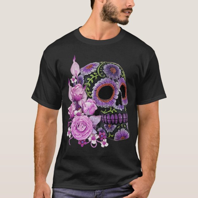 Rosa Blommigt Black Sugar Skull Day of the dead T Shirt (Framsida)