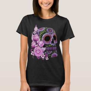 Rosa Blommigt Black Sugar Skull Day of the dead T Shirt