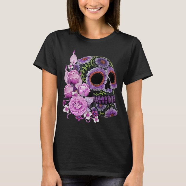 Rosa Blommigt Black Sugar Skull Day of the dead T Shirt (Framsida)