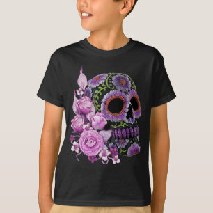 Rosa Blommigt Black Sugar Skull Day of the dead T Shirt