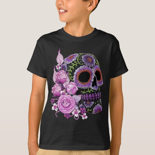 Rosa Blommigt Black Sugar Skull Day of the dead T Shirt (Framsida)