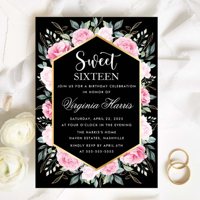 Rosa Blommigt Black Sweet sixteen 16 födelsedagar Inbjudningar (Skapare uppladdad)
