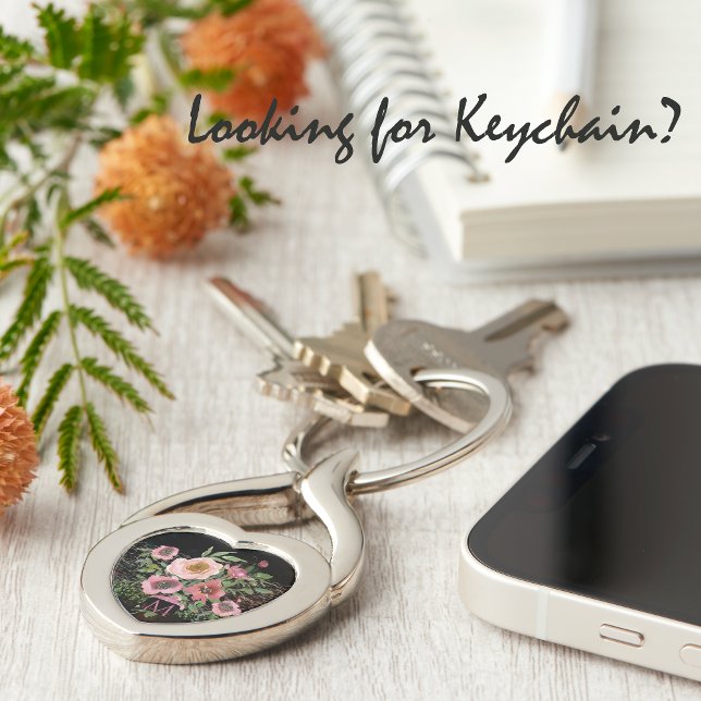 Rosa Blommigt Black Twisted Heart Silverfärgad Nyckelring (Pink floral black key chain, great gift with monogram)