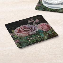 Rosa Blommigt Black Underlägg Papper Kvadrat