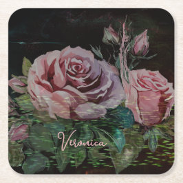 Rosa Blommigt Black Underlägg Papper Kvadrat