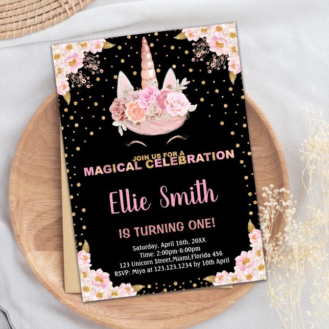 Rosa Blommigt Black Unicorn Birthday-inbjudningar Inbjudningar (Pink Floral Black Unicorn Birthday Invitations)