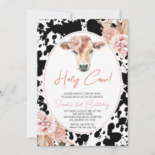 Rosa Blommigt Black White Cow Skriv ut på födelsed Inbjudningar