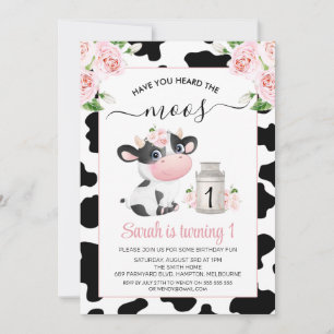 Rosa Blommigt Black White Cow Skriv ut på födelsed Inbjudningar