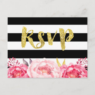 Rosa Blommigt Black White Rand Guld Glitter OSA Inbjudan Vykort