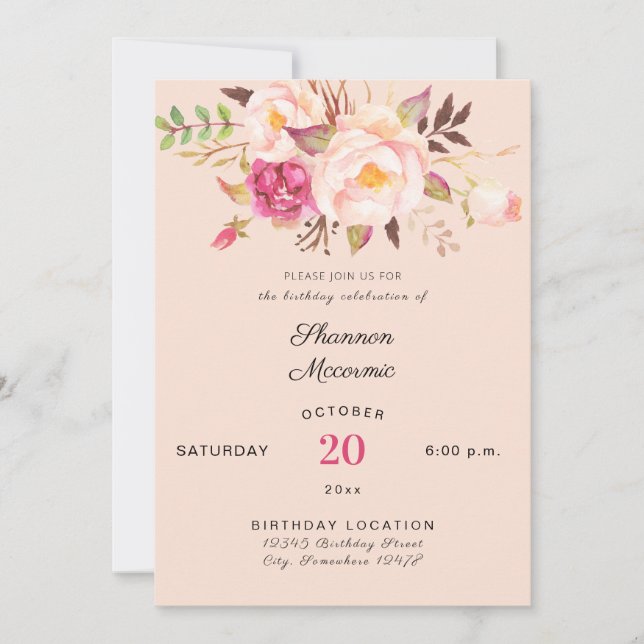 Rosa  Blommigt Blåstömning Födelsedag Inbjudningar (Framsida)