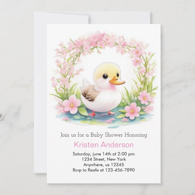 Rosa Blommigt Blissful Duckling Girl Baby Shower Inbjudningar (Framsida)