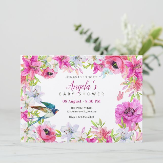 Rosa blommigt-blomma konstgjord babydusch inbjudningar (Stående Fram)