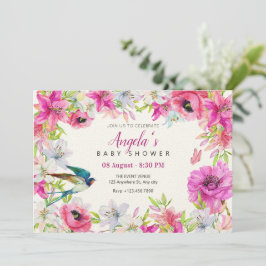 Rosa blommigt-blomma konstgjord babydusch inbjudningar