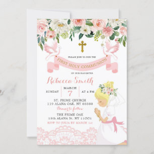 Rosa Blommigt Blonde Girl First Heliga Communion Inbjudningar