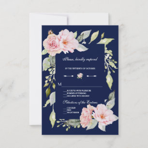 Rosa Blommigt Bloom Navy Blue Bröllop OSA Kort