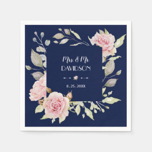 Rosa Blommigt Bloom Navy Blue Bröllop Pappersservett