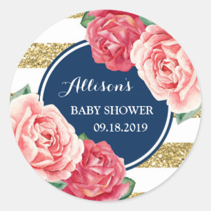 Rosa Blommigt Blue Guld Rand Baby Shower Märkre Runt Klistermärke