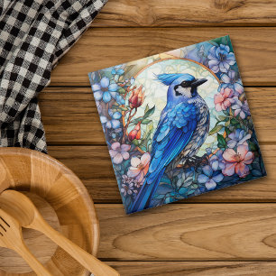Rosa Blommigt Blue Jay Bird Stached Glass Kakelplatta