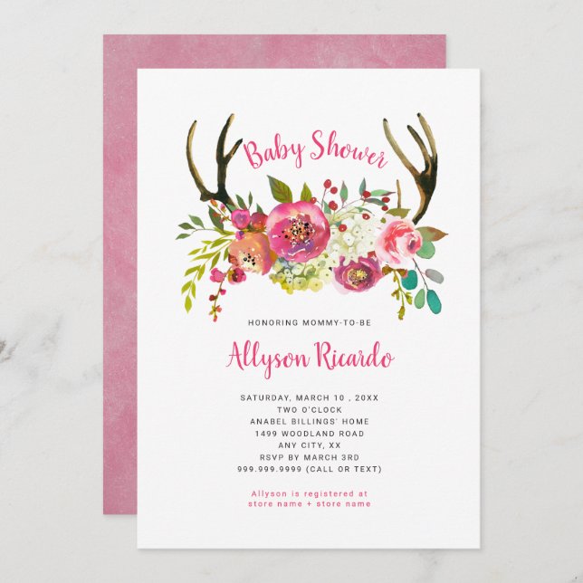 Rosa Blommigt Boho Antlers Baby Shower-inbjudan Inbjudningar (Fram/baksida)