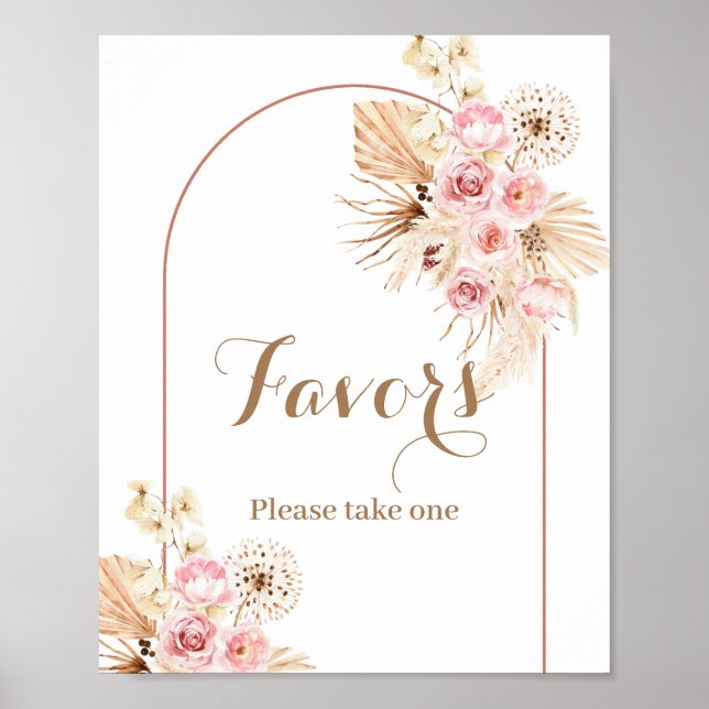 Rosa Blommigt Boho Arch Pampas Grass Favor Sign Poster (Framsidan)