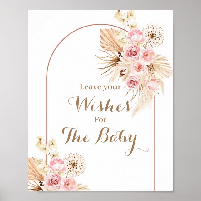Rosa Blommigt Boho Baby Shower Önskemål för Baby-t Poster (Framsidan)