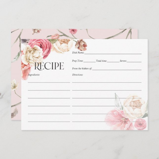 rosa blommigt boho chic möhippa Recept Card (Fram/baksida)