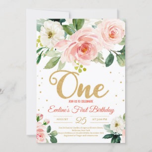 rosa blommigt boho En tjej första födelsedag Inbjudningar