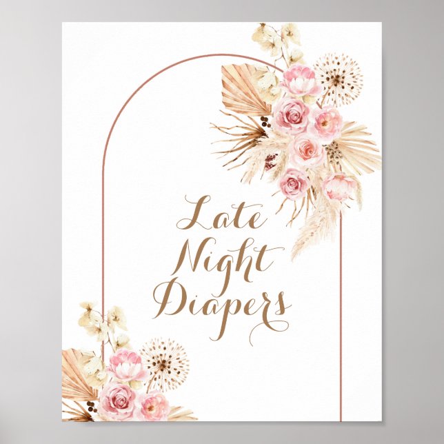 Rosa Blommigt Boho Late Night Diaper Sign Poster (Framsidan)