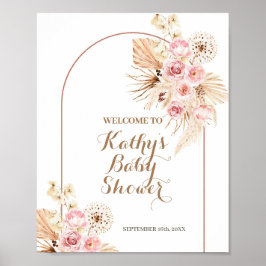 Rosa Blommigt Boho Pampas Baby Shower Välkomstteck Poster