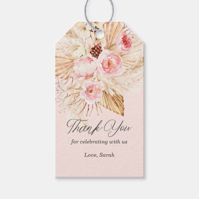 Rosa blommigt boho pampas gräsdusch flicka presentetikett (Framsidan)