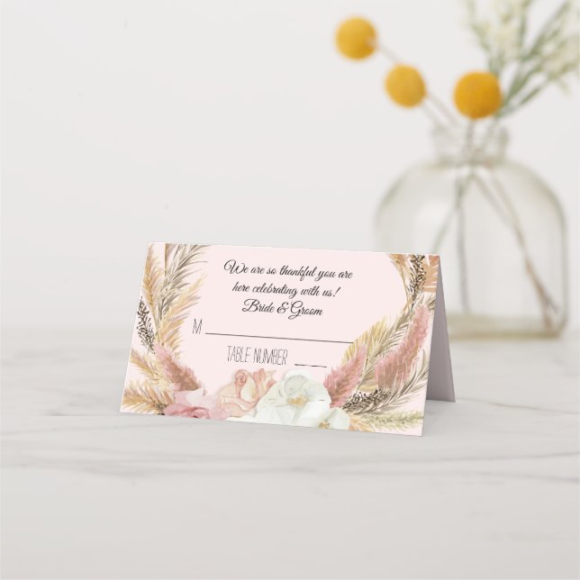 Rosa Blommigt Boho Pampas Grass Tält ortkort Placeringskort (Framsida)