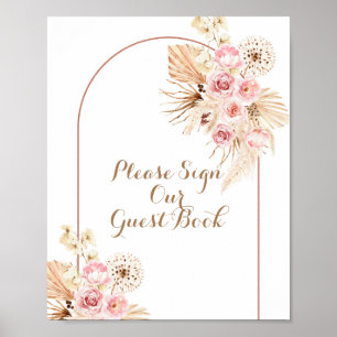 Rosa Blommigt Boho Pampas Skriv under vår gäst Poster