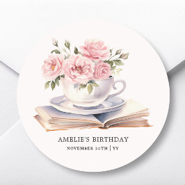 Rosa Blommigt Bok Tema Födelsedag för favoritmärke Runt Klistermärke