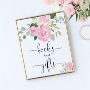 rosa blommigt bokar och gifts- och babyduschskylt poster