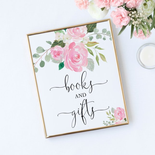  rosa blommigt bokar och gifts- och babyduschskylt poster (Skapare uppladdad)