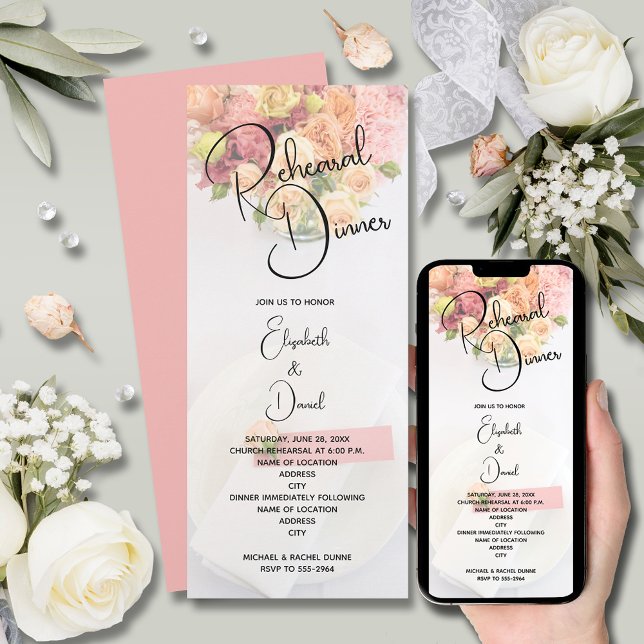 Rosa Blommigt Bord Inställning Rehearsal Middag Inbjudningar (Pink Floral Table Setting Rehearsal Dinner Invitations)