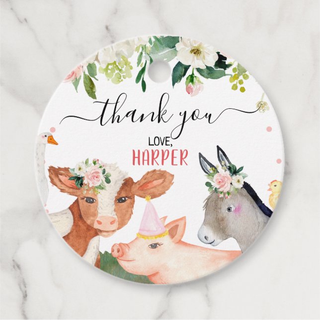 Rosa Blommigt Boskap Birthday Tack Gåvor Etiketter (Framsida)