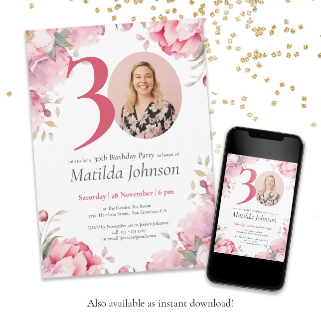 Rosa Blommigt Botanisk Anpassningsbar Photo 30års  Inbjudningar (30th Birthday Pink Floral Botanical Custom Photo Invitation)