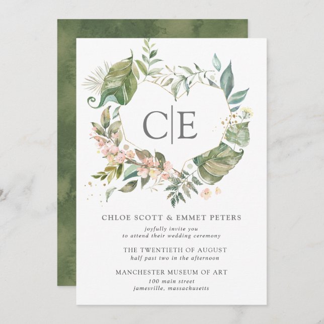 Rosa Blommigt Botaniskt Rustic Heart Bröllop Inbjudningar (Fram/baksida)