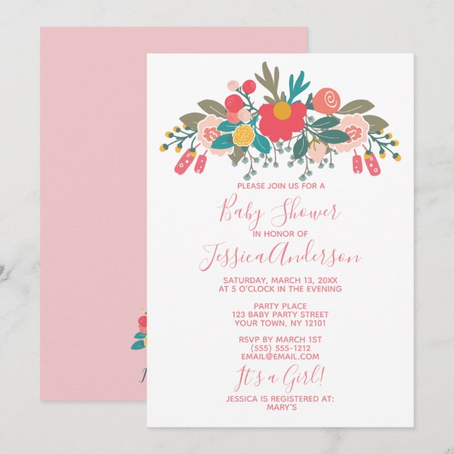 Rosa Blommigt Bouquet Baby Shower Inbjudningar (Fram/baksida)