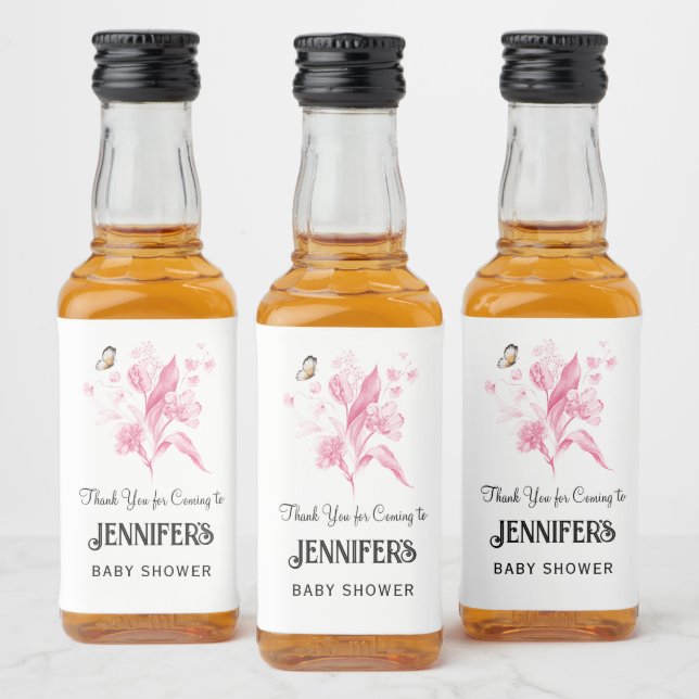 Rosa Blommigt Bouquet, Babykläder Tack Favor. Spritflaskor Etikett (Flaskor)