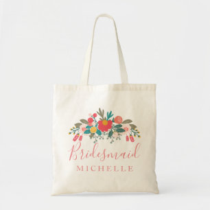 Rosa Blommigt Bouquet Bridesmaid med Namn Tygkasse