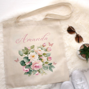  Rosa Blommigt Bouquet Bröllop Bridesmaid Namn Tygkasse