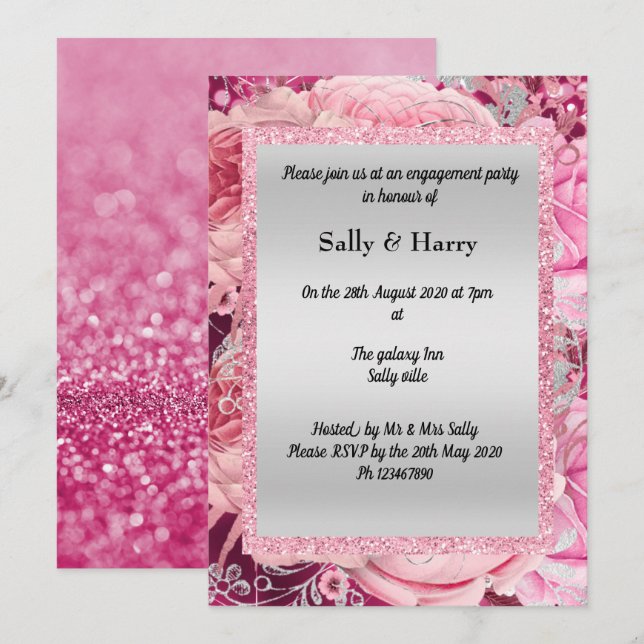 ROSA BLOMMIGT BOUQUET GLITTER BIRTHDAY INBJUDNINGAR (Fram/baksida)