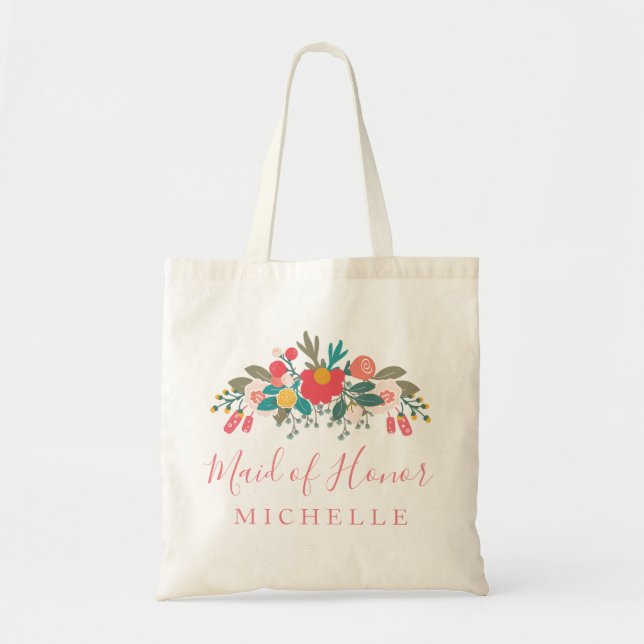 Rosa Blommigt Bouquet Maid of honor med Namn Tygkasse (Framsidan)
