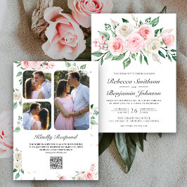  Rosa Blommigt Bouquet QR-kod Bröllop Inbjudningar