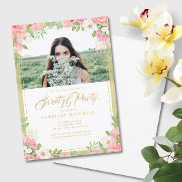 Rosa Blommigt Bouquet Ro Sweet 16 Party Photo Inbjudningar