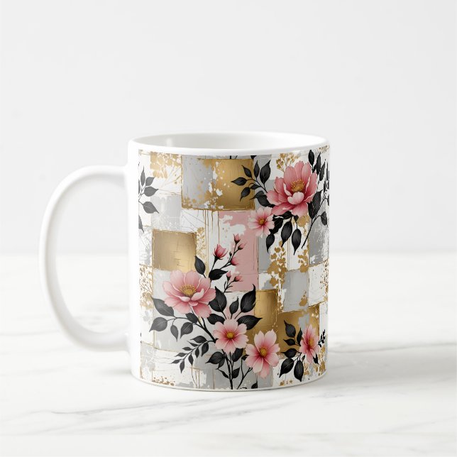 Rosa Blommigt Bouquets på Guld och vita fyrkanter Kaffemugg (Vänster)