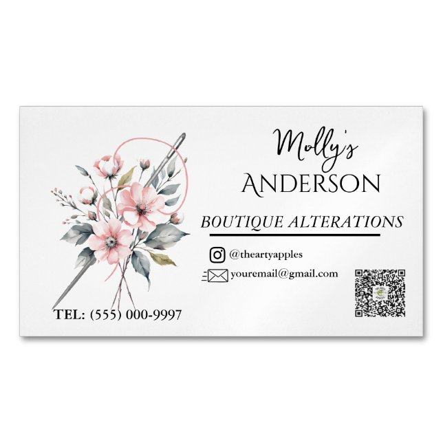 Rosa blommigt Boutique Sewing & Alterations Magnetiska Visitkort (Framsida)