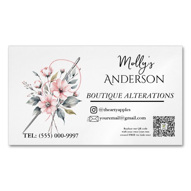 Rosa blommigt Boutique Sewing & Alterations Magnetiska Visitkort (Framsida)